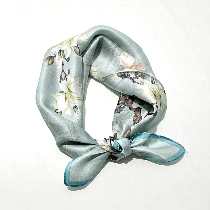 
Светло-зеленый натуральный шейный платок, шелковый шарф с цветочным принтом, 100% натуральный шелк, атласные шарфы, индивидуальный Шелковый квадратный шарф 