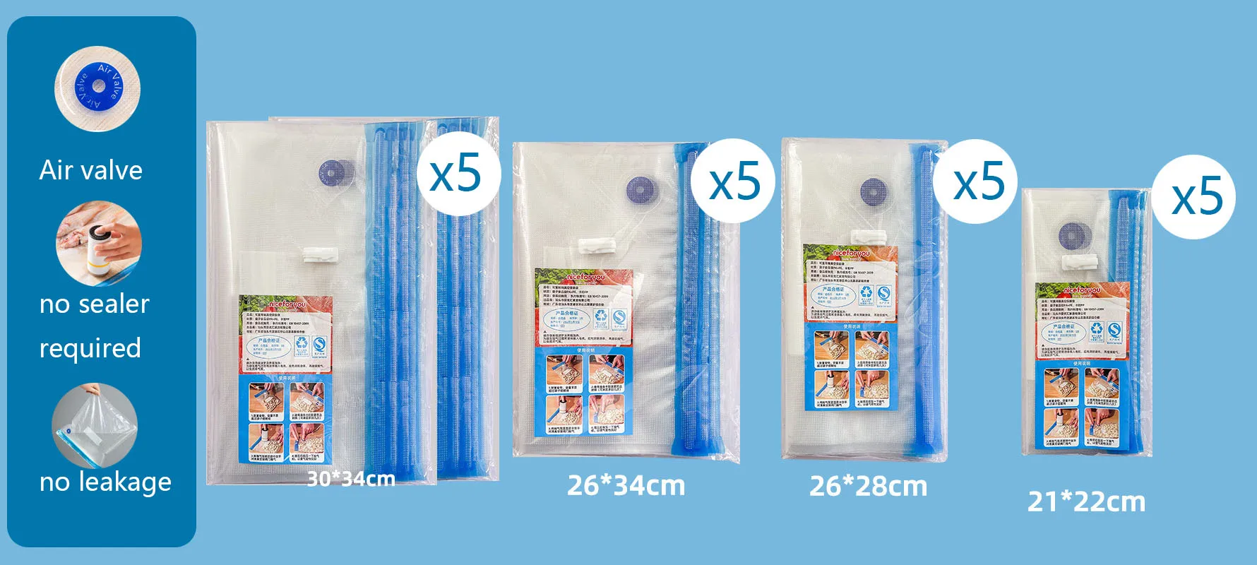 5pcs Vacuum Sealed Storage Bags Multi-Use Food Bedding Shoes Cleaning Storage Solution