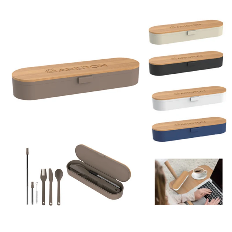 2023 new design travel or camping bamboo lid 3in1 knife fork spoon with ss304 straw and brush cutlery utensil set