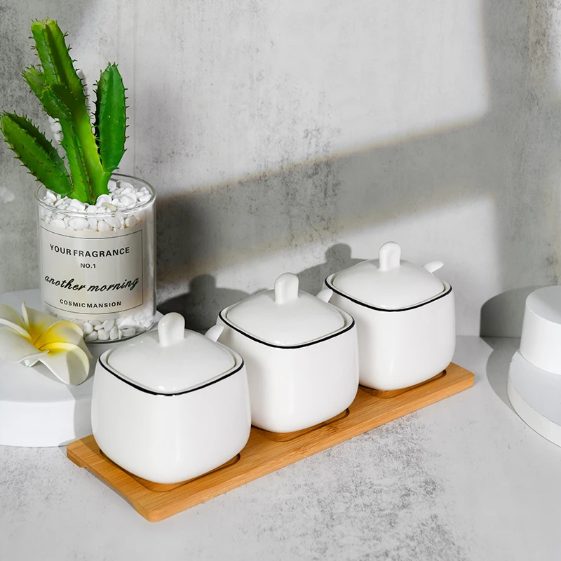 Kitchen supplies Nordic style ceramic seasoning jar seasoning box set household Square black rim seasoning jar