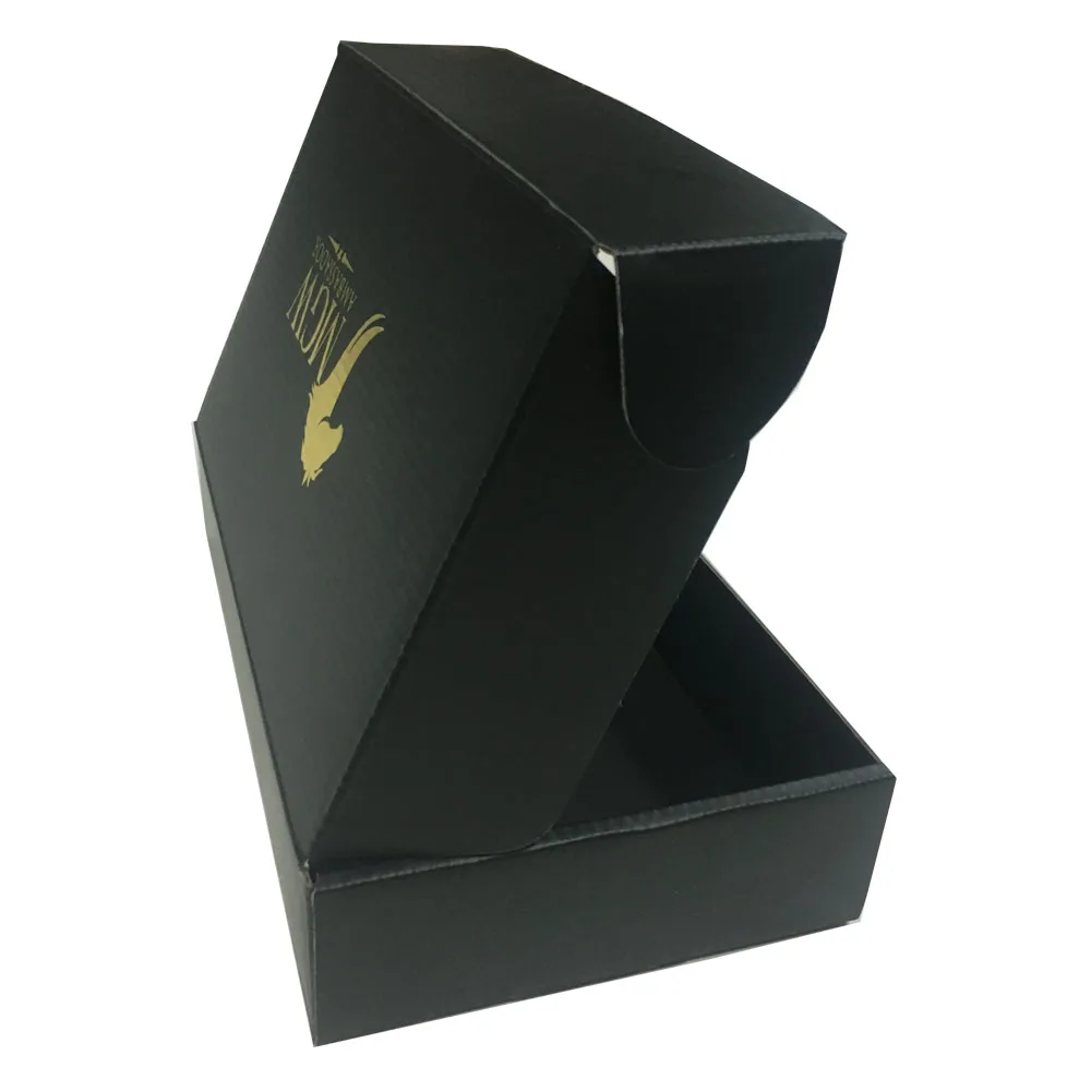 Gold foil logo Corrugated Recycle cardboard Paper Black Mailer box Shipping Boxes with custom printing