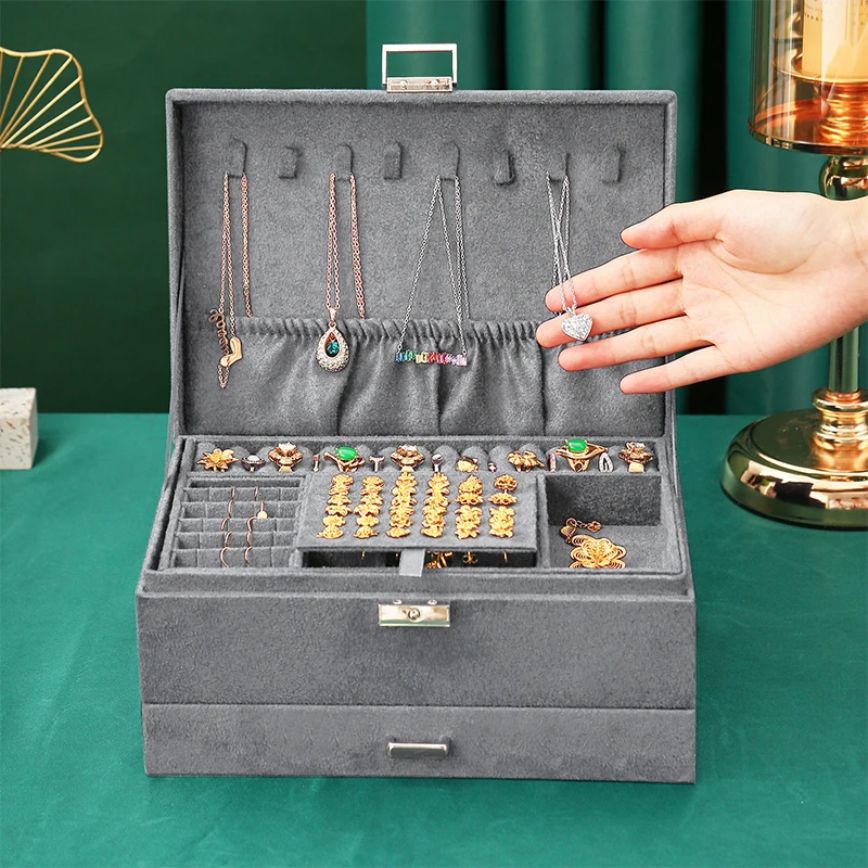 New Grey 3-Layer Flannel Jewelry Organizer Box Necklaces Earrings Rings Large Capacity With Lock Display Holder Case Women
