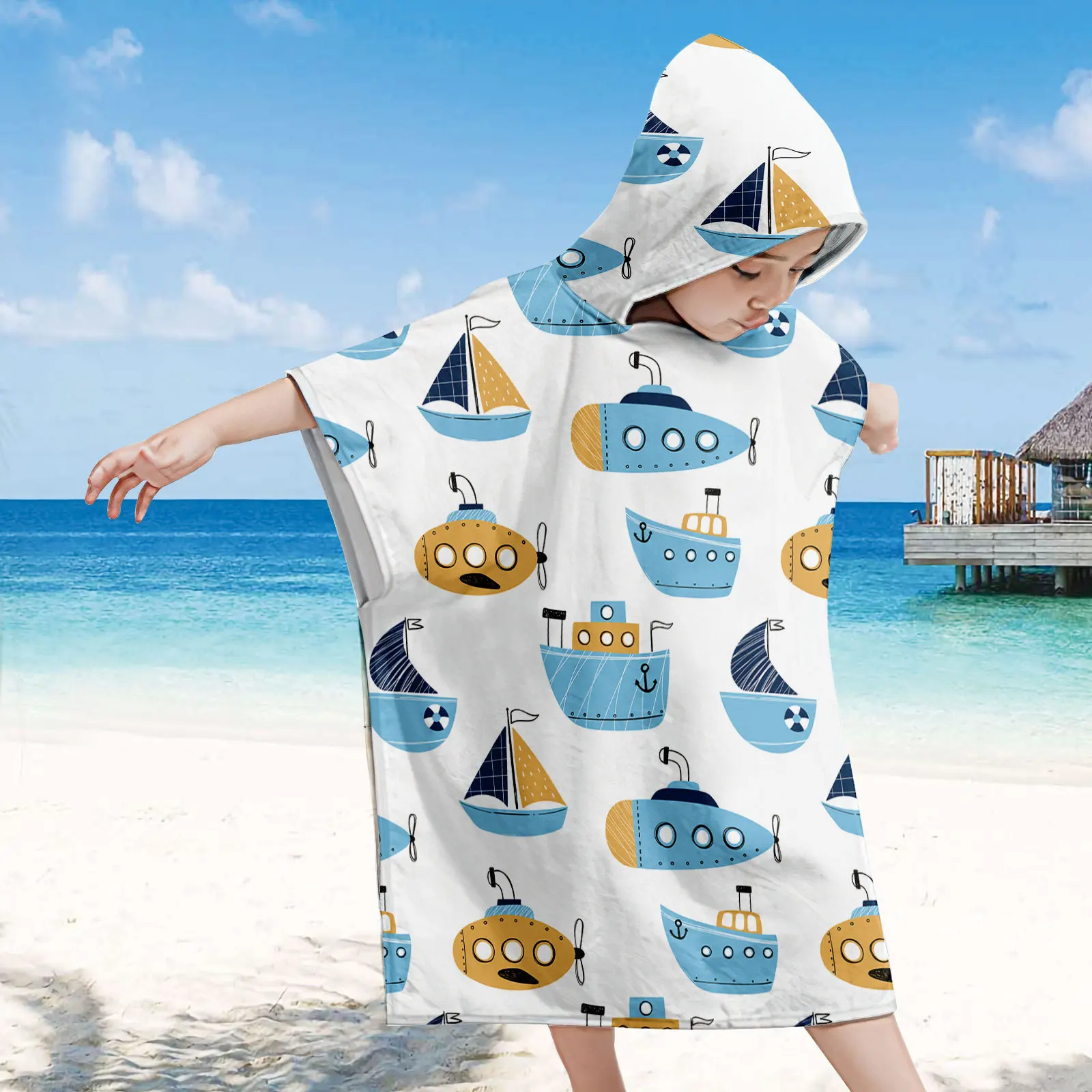MU Children wearable printed summer kids hooded poncho beach pool towel  dry fast short sleeve kids beach towel with hood