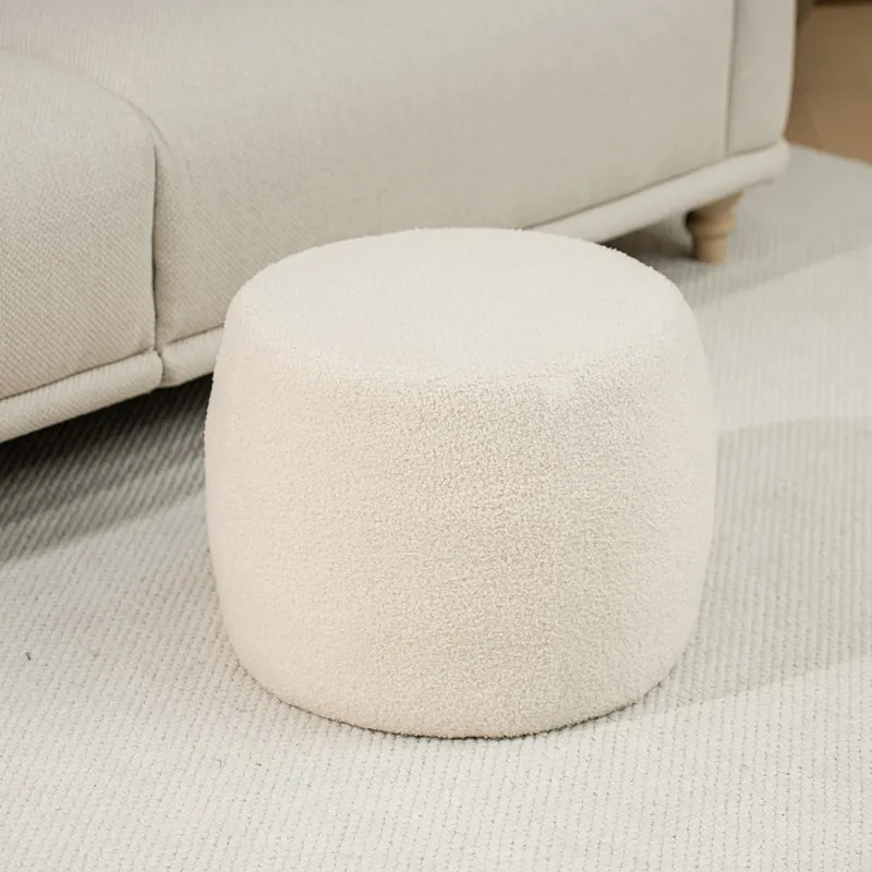 Bailey Modernist Style Stool White Velvet Round Seat Pouf Ottoman For Living Room