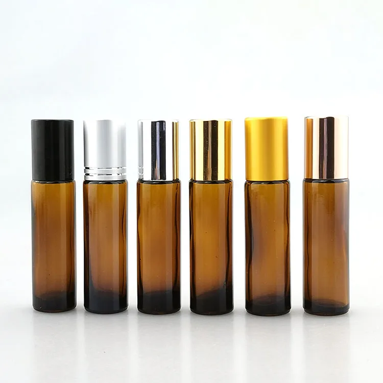 Frosted Amber Empty Glass Roller Bottle 10 ml with Stainless Roll On Ball and Aluminum Gold Cap