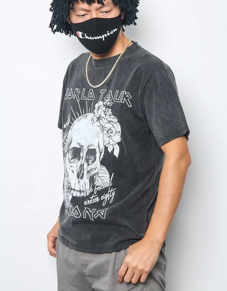 
KRKC new custom logo oversized cotton skulls graphic printed crew neck retro vintage washed tee unisex hip hop t shirts for men 