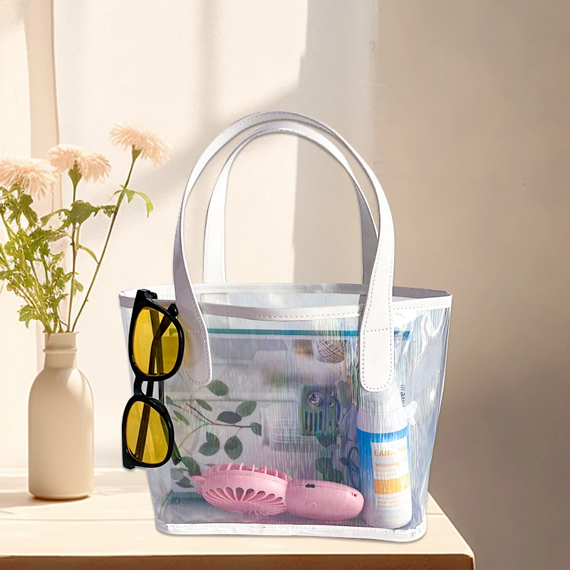 Supply wholesale price cheap pvc cosmetic bags Daisy printing shiny pvc gift tote custom paillette luxury clear shopping bag