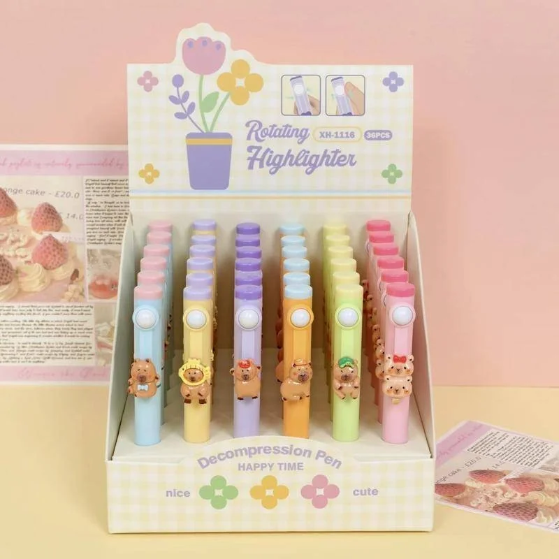 Capybara Highlighter Pen Set Kawaii Cartoon Art Fluorescent Markers Pens School Stationery Kids Gift