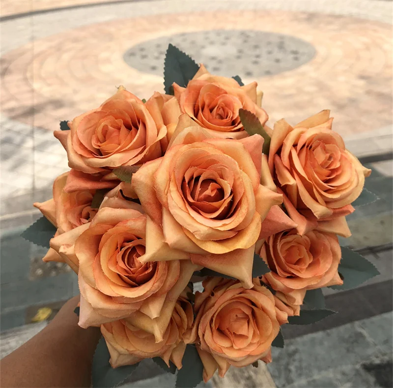 IFG Wholesale 9 Head Burnt Orange Autumnal Artificial Flower Roses Bouquet for Wedding Home Party Decoration
