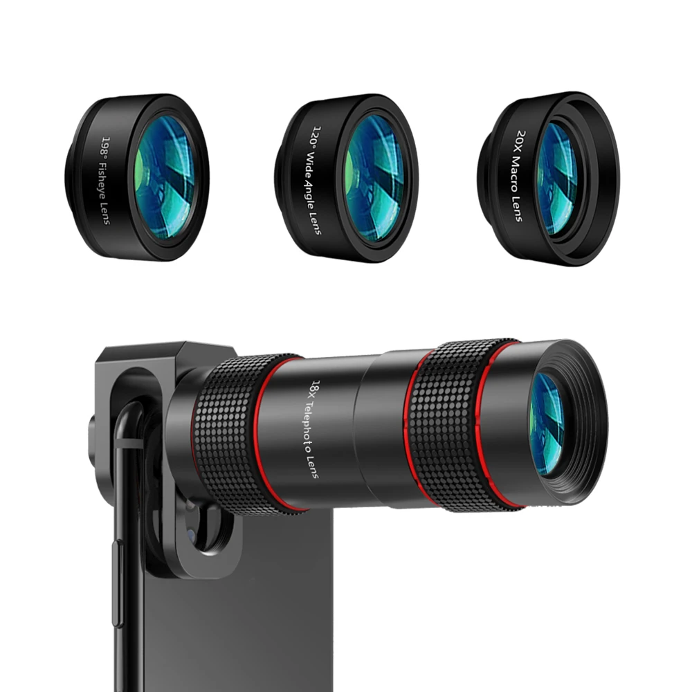 2022 Newest Gadgets 4 in 1 Phone Lens Kit Fisheye Wide angle Macro 18X HD Telephoto Zoom Lens for iPhone 11 Pro for Mobile Phone