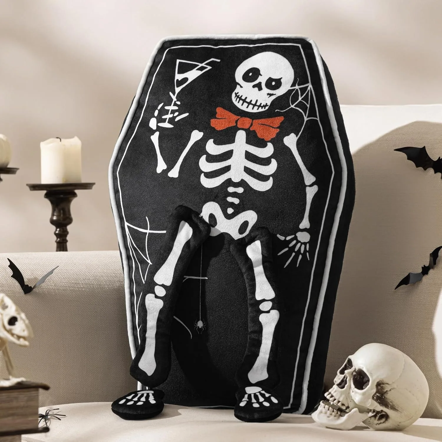 Custom High Quality Stuffed Skeleton Animals Plush Toy Manufacture Soft Minky Pillow for Halloween Gifts coffin