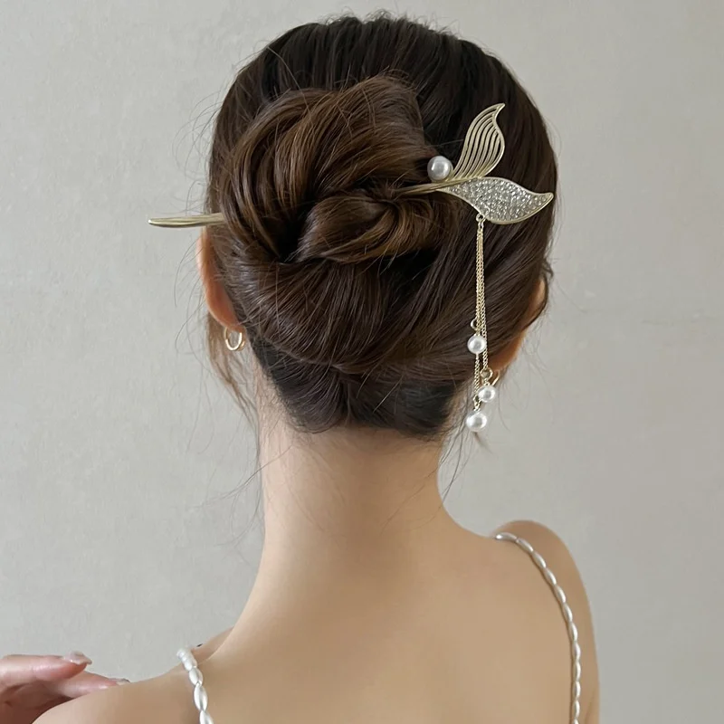 2022 new high-end beauty fish tail tassel hair hairpin pearl rhinestone chinese hairpin hair stick