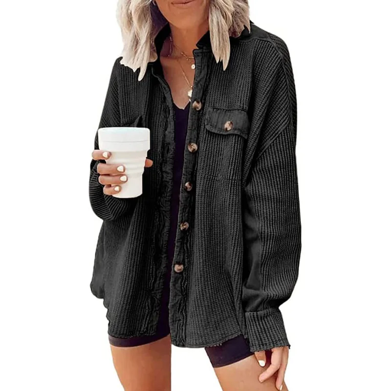 Factory Custom Womens Waffle Knit Shacket Fall Long Sleeve Button Down Blouse Casual Loose Shirt Jacke
