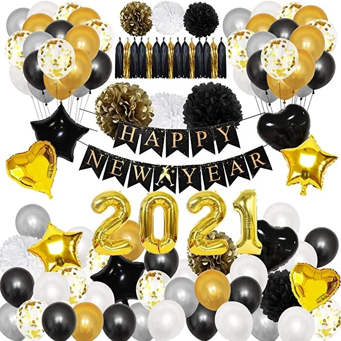 
Happy New Year Party Decorations 2021 Party Supplies Set Party Favor Packs with Balloons Banners and paper pompoms S014 