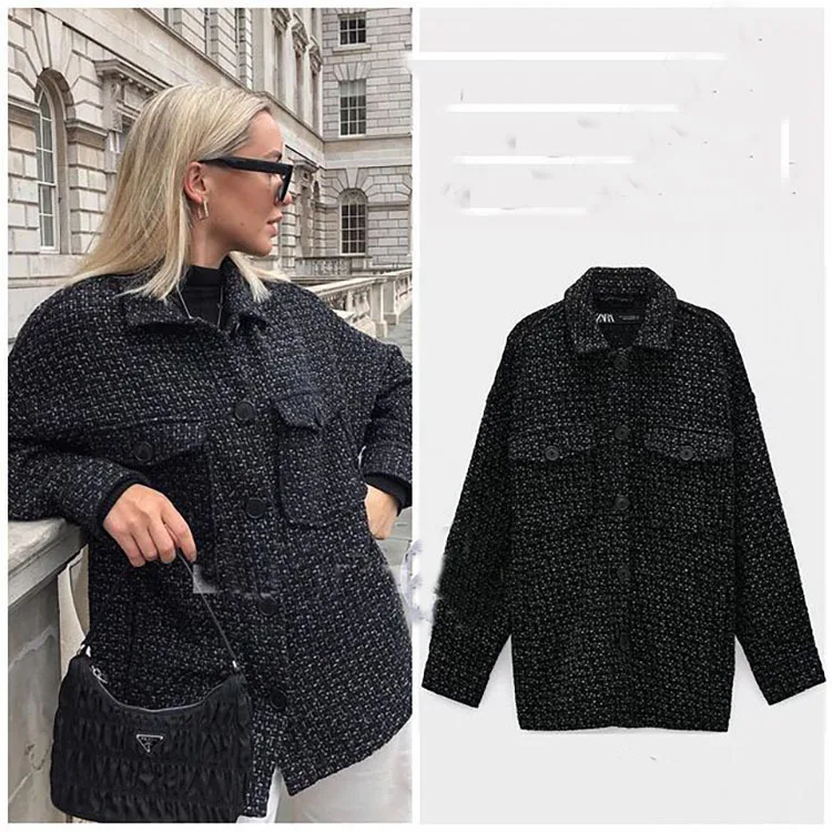 Wholesale Wool Alpaca Coats Women Woolen Long Sleeve With Pockets Women Black Winter Wool Coat