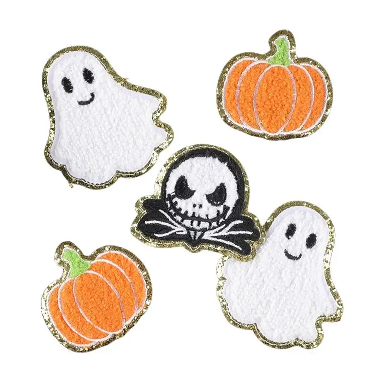 Low MOQ Halloween Gold Glitter Orange Pumpkin ghost Iron On Chenille Patches for T-shirt