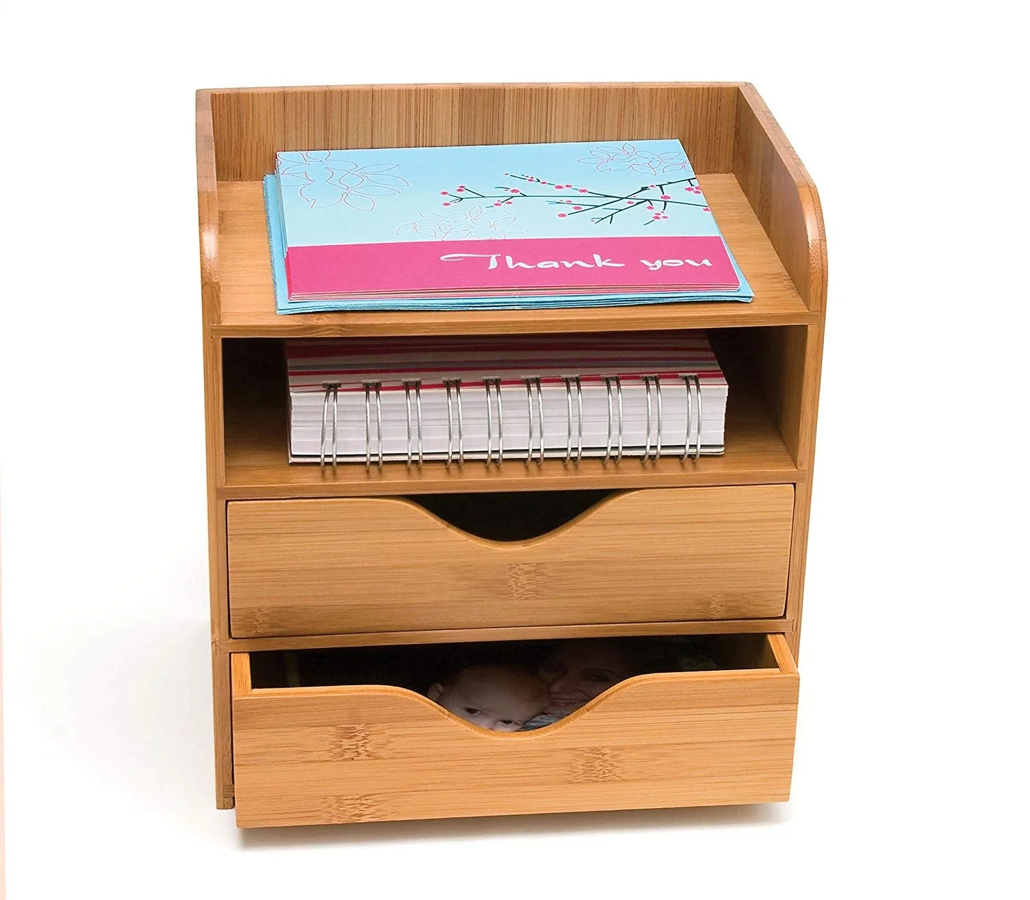 Bamboo Desk Storage Box With 2 Drawers File Tray Wood 4-Tier Desk and Office Supply Organizer