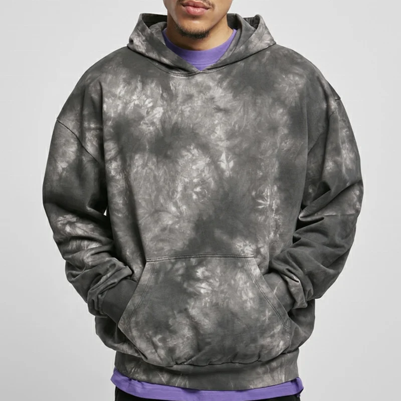 Fashion Breathable Washed Tie Dye Puff Print Sublimated Knit Distressed Camo Elastic Fitness No String Unisex Organic Hoodie