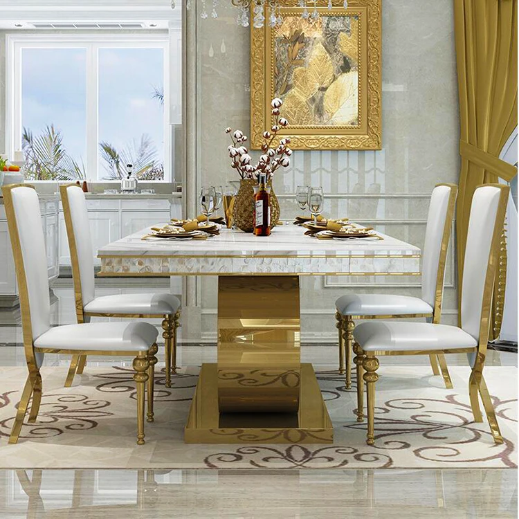 Contemporary UK DUBAI Royal furniture italian design gold stainless steel marble top rectangle big dining table 10 seater set