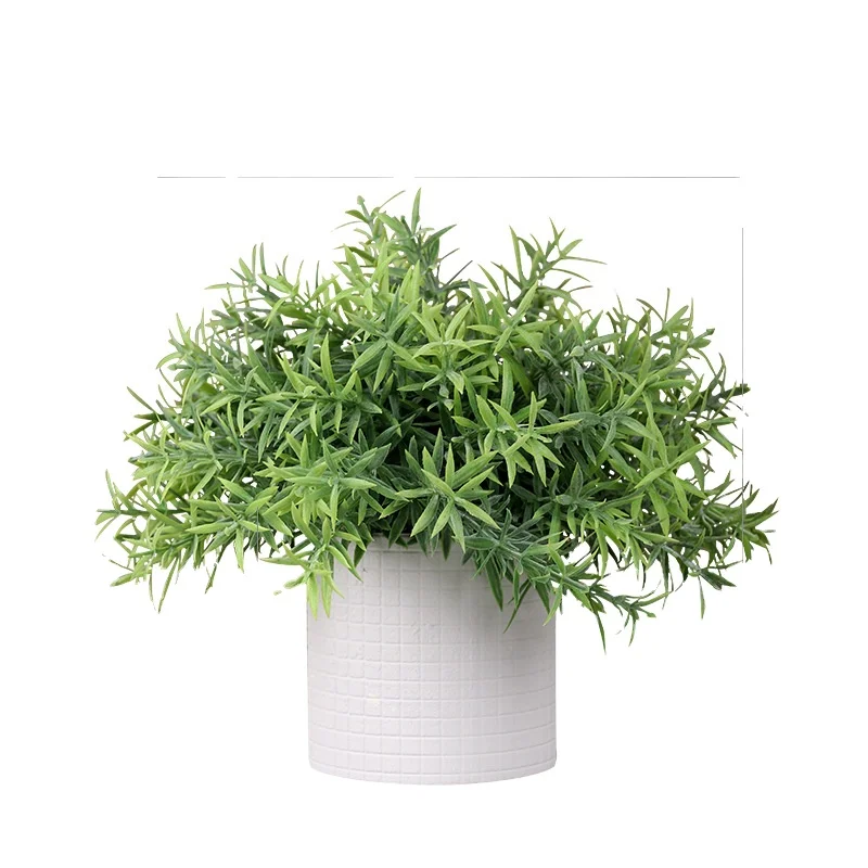 Small Artificial Plastic Potted Fake Rustic Cement Pots Topiary Shrubs Includes Rosemary Greenery Realistic Grass Palm Greenery