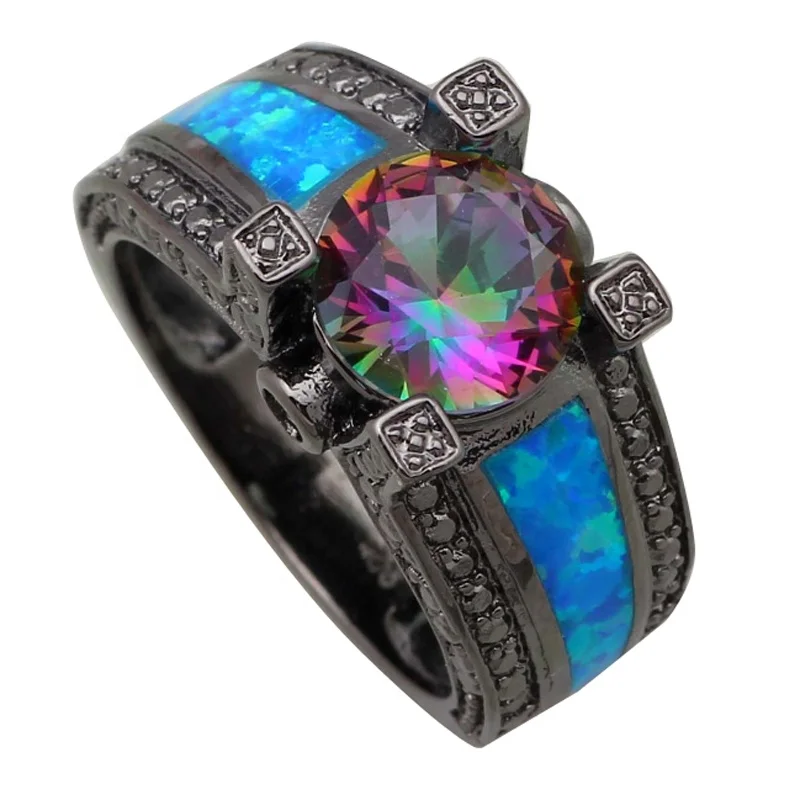 JIELING Hot Sales Black Gold Filled Round shape Amyestic Zircon And Blue Opal Ring Fashion Jewelry For Women Cocktail pink Ring