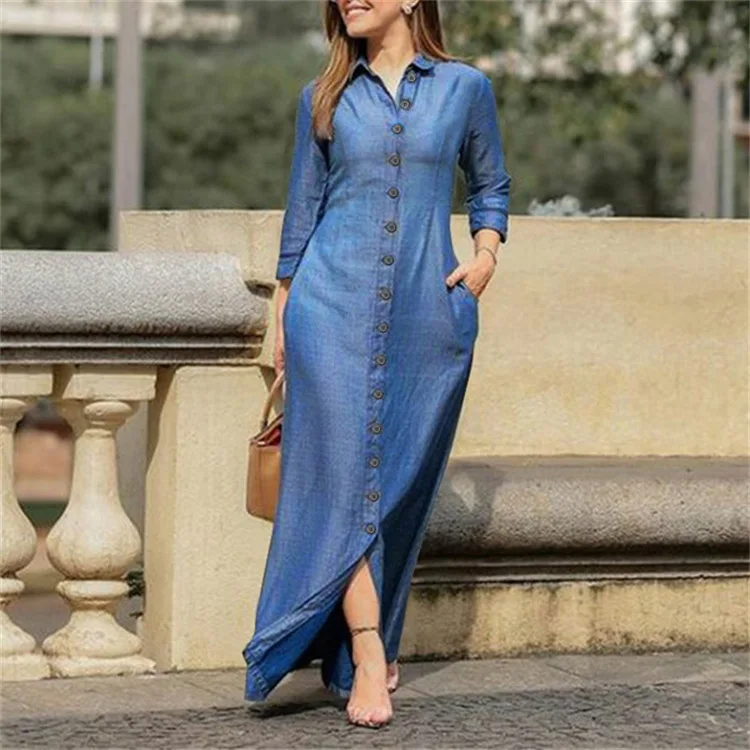 New Women Denim Shirt Dress Button Up Pocketed Maxi Dress Plus Size 5XL Female Casual Solid Long Dresses