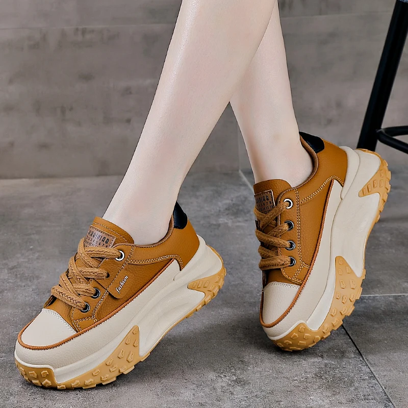 Hot sale Women Thick-soled Walking Shoes White PU Leather Spring Autumn Fashion Woman Chunky Sneakers with 5CM Thick