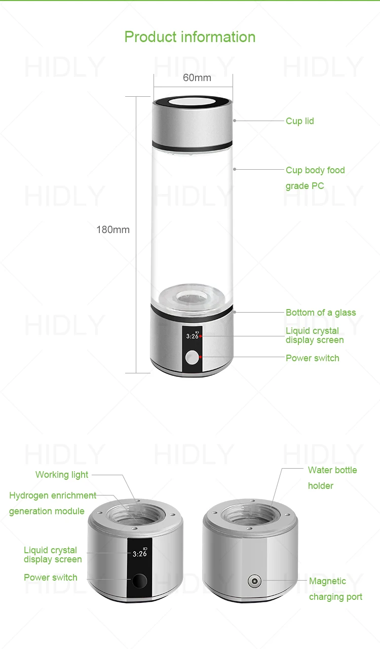 Portable 225ml 10min 3000ppb H2 Hydrogen-rich Water Cup Hydrogen Rich Bottle Generator