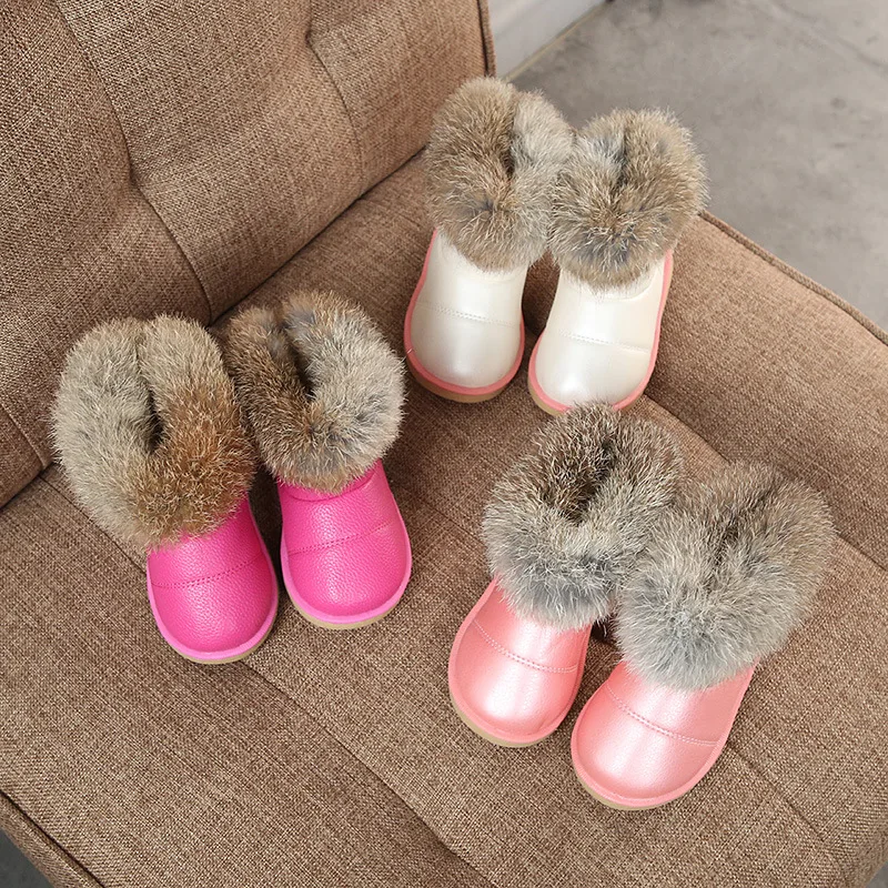 Winter New Children Snow Boots Big Kids Leather Warm Boots Baby Girls Princess Real Fur Ankle Boots