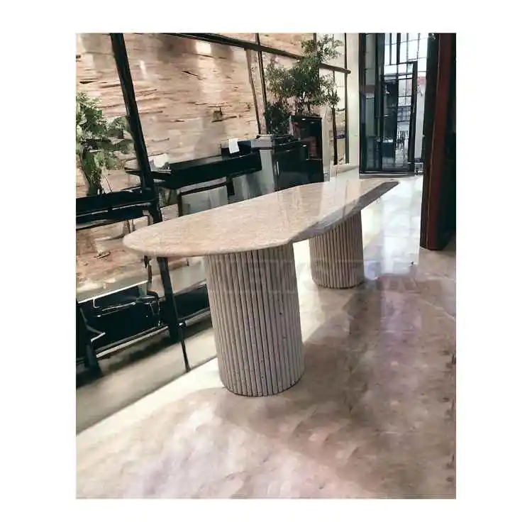 Newstar Luxury Customized Natural Beige Travertine  Stone Furniture Dining Table Fluted Oval Marble Travertine Dining Table