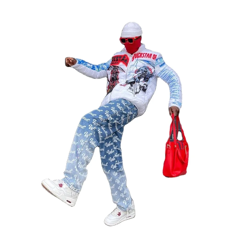 SBM 2024 NEW Washed  Light Blue Hot Sale Checkerboard Checks Loose Crazy Custom Laser Print Baggy Jeans For Men