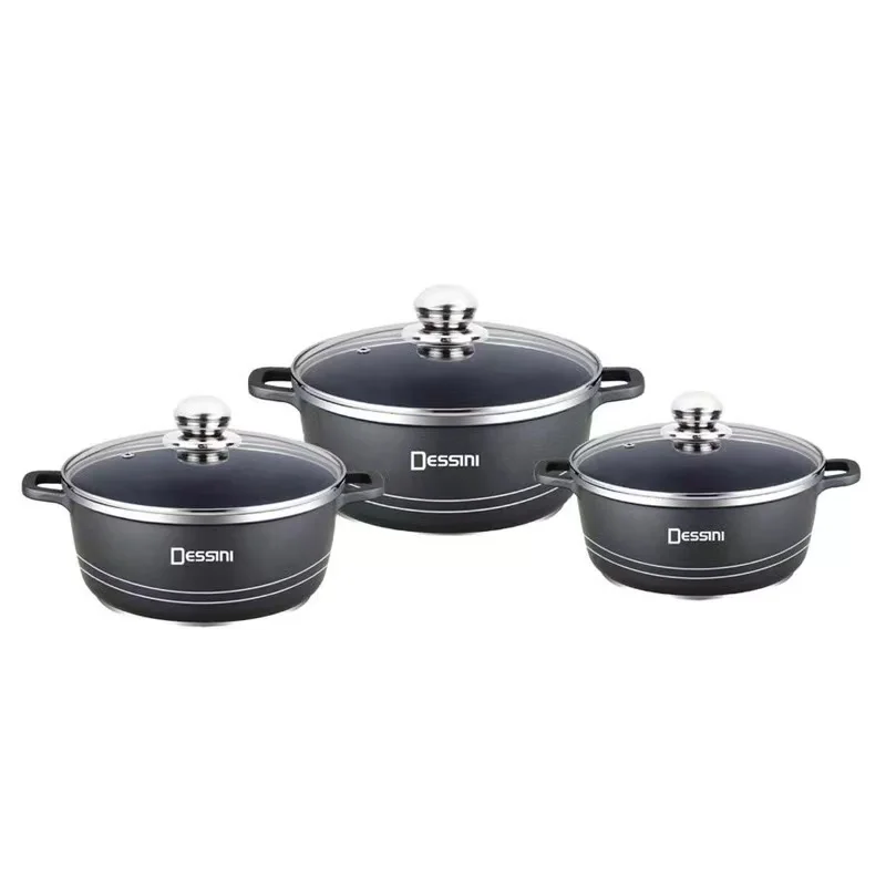 6pc big size High Quality Non Stick Die Casting Cast Iron Kitchen Cooking Pot Frying Pan Casserole Cookware Sets With Glass Lid