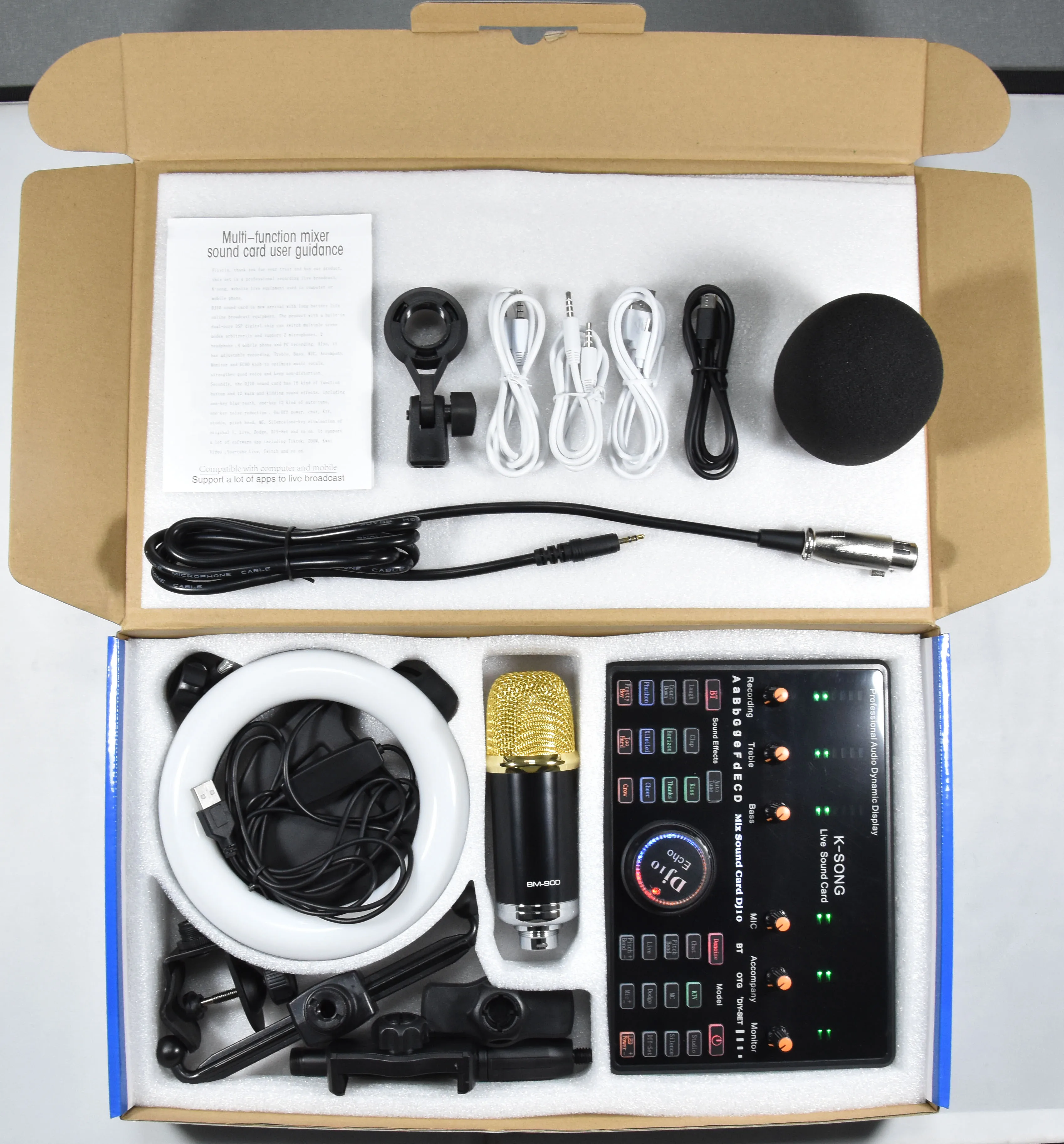 Professional BM800 BM900 Microfono & DJ10 Multi-function Sound Card Set Karaoke Studio Recording Condenser Microphone