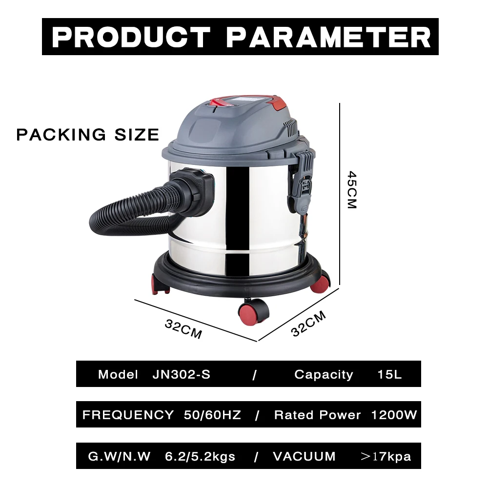 JIENUO Wet & Dry Industrial Vacuum Cleaner 15L Stainless Steel Tank Workshop VAC with Blower Garage & Workshop JN302-15L