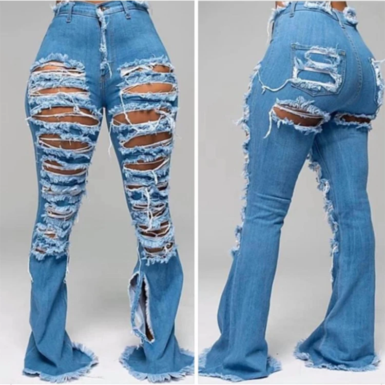 
Ripped bell bottoms horn flared jeans custom distressed denim ladies jeans fabric destroyed flare ripped jeans women 
