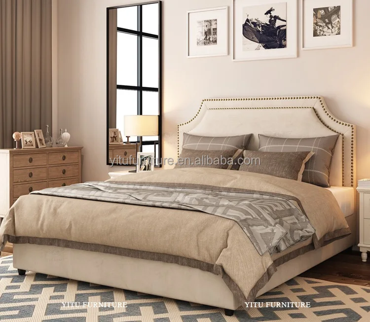 China Manufacturer Double/ King/Queen size modern bed high quality solid wood bedroom furniture American fabric bed