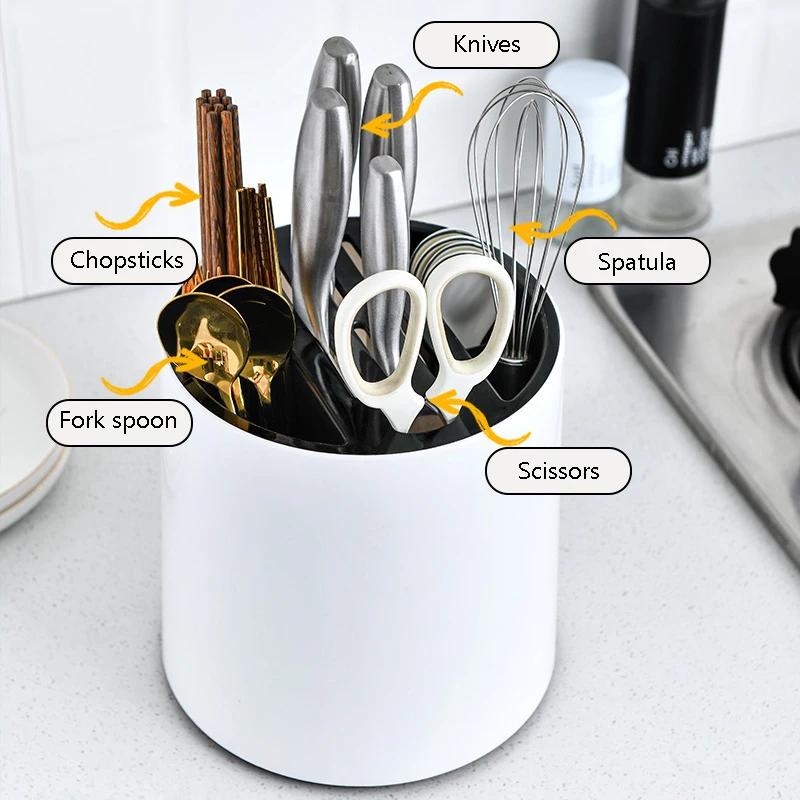 Kitchen Cutlery Storage Rotating Drain Storage Tube Desktop Organizer PP Material Knife Holder