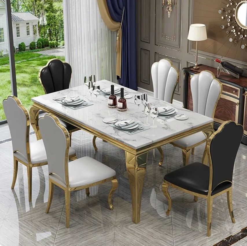 Home Kitchen Dining Room Hotel Cafe Restaurant Rectangle Stainless Steel Leg Marble Stone Top 4 Dinning Table And Chairs Set