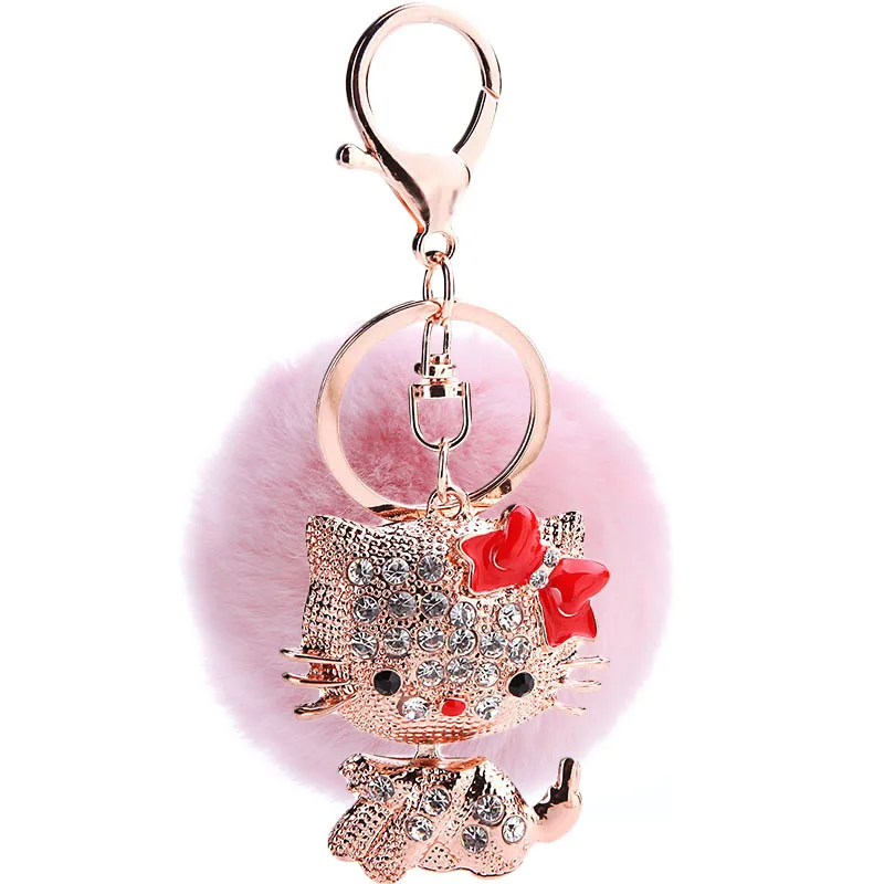 Custom Pompoms Car Key Chains Crystal Metal Hello Kitty Keychain 3D Cartoon Design Metal Key Chain Accessories