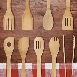 11 Pcs Bamboo Cooking Utensil Set - Natural Non-Abrasive Wooden Kitchen Set Utensil