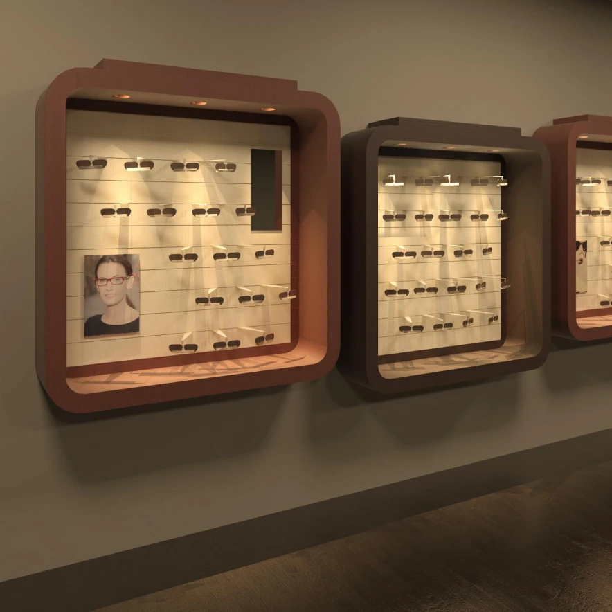 Optical Shop Design Wooden Sunglass Display Stand Showcase Custom Eyeglasses Store Shelf Decoration Eyewear Display Cabinet