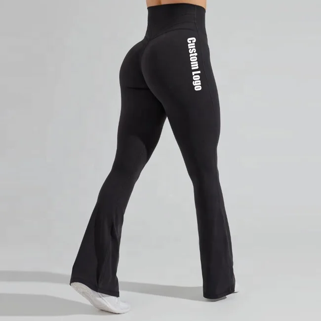 Custom Logo Athletic Gym Leggings Womens High Waist Flared Trousers Workout Sport Leggings Black Fitness Yoga Pants