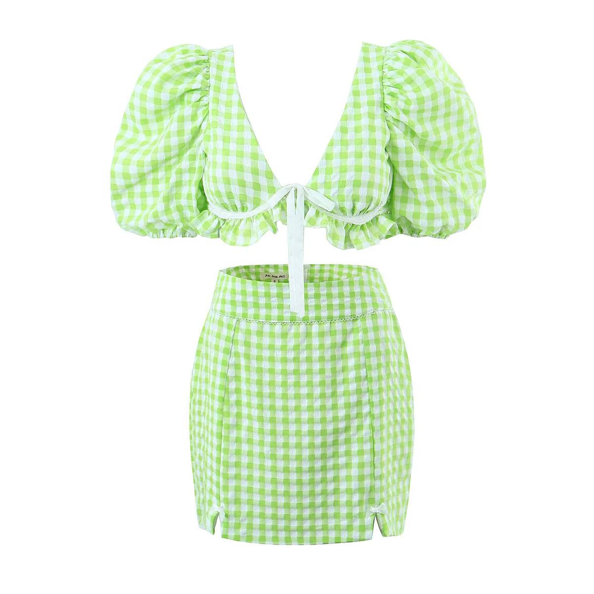 Green color front slit and bow tie back zipper casual fashion mini skirt for women