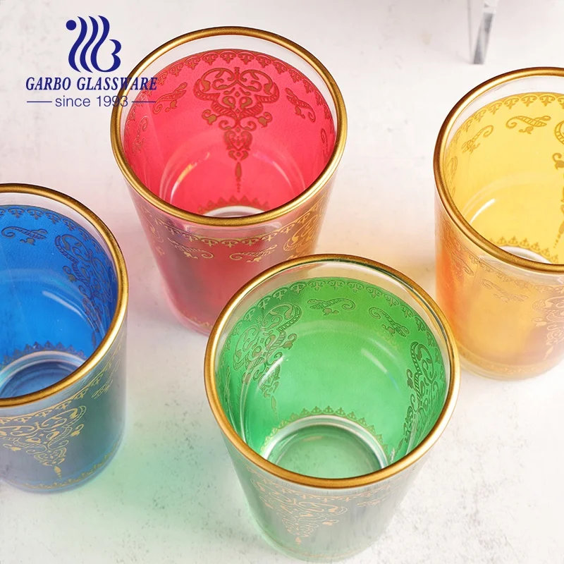 170ml 6oz Factory wholesale colorful decal printing golden rim coffee water tumbler Middle East Turkish Arabic glass tea cup