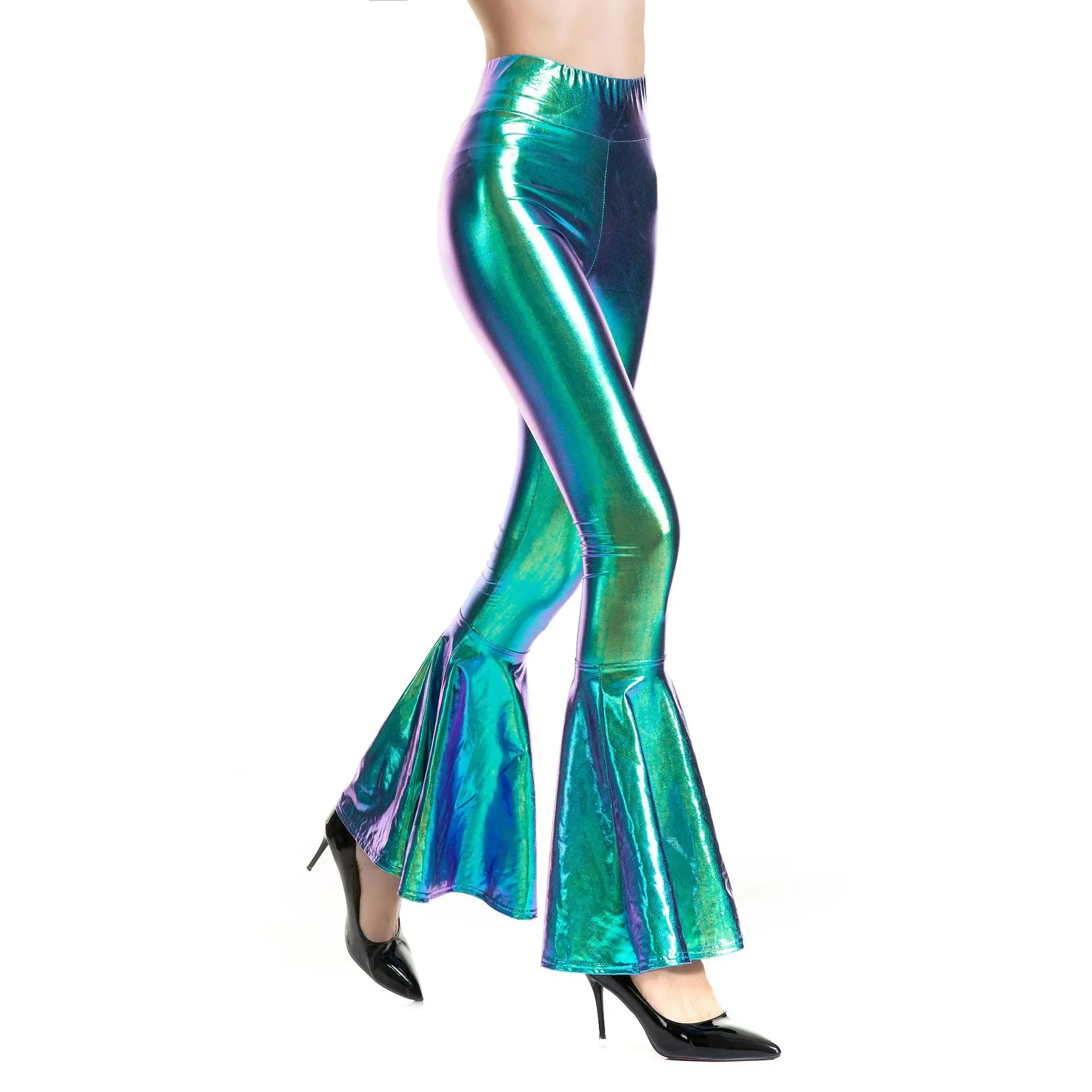Shiny Latex Flared Long leggings Sexy Stretchy bell-bottom pants for Lady