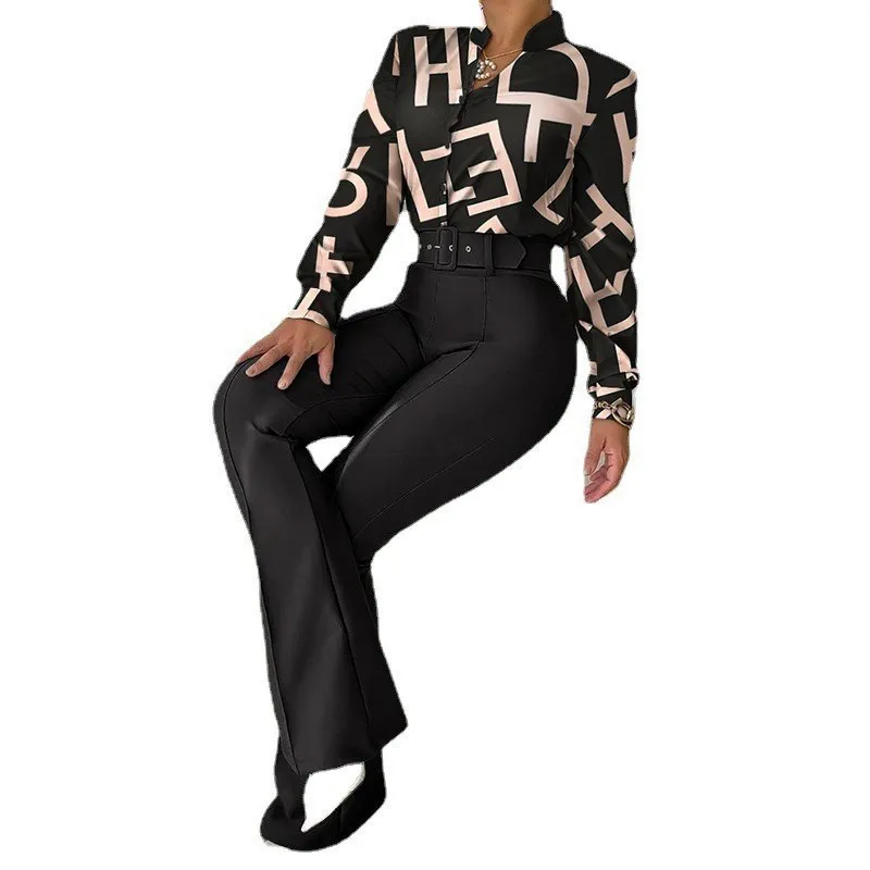 2022 New printed blouse shirt top and long wide leg formal business pant two piece suit sets for women fall clothes