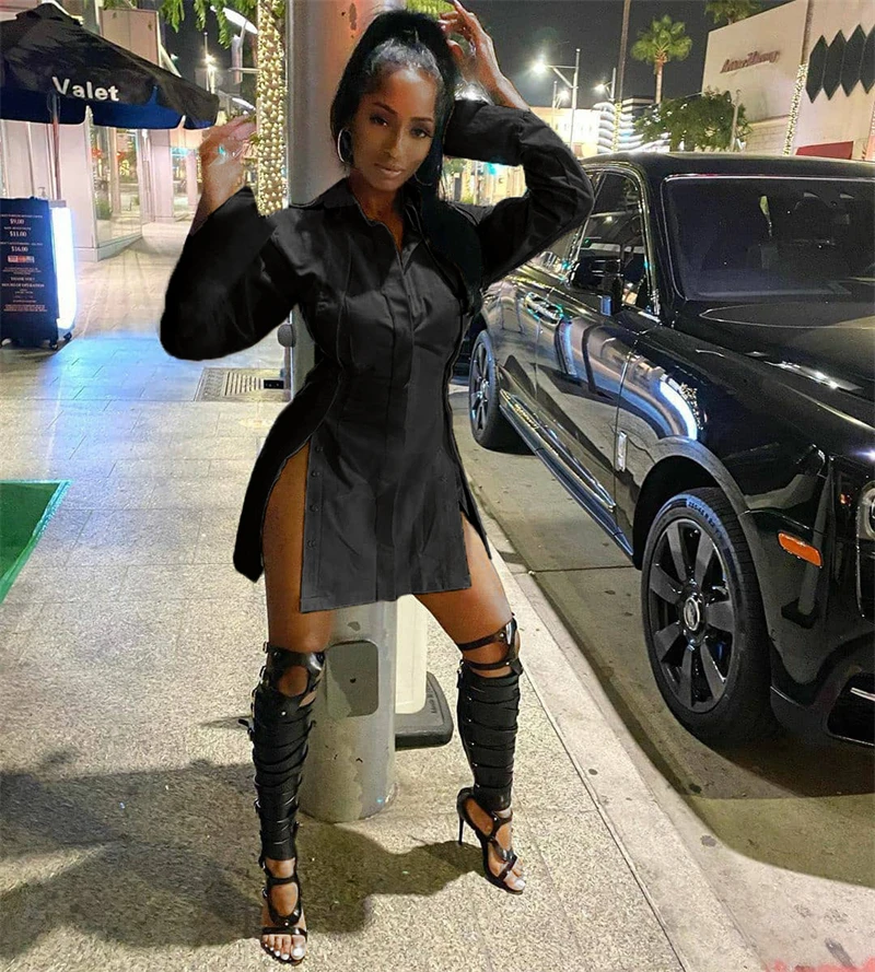 high quality 100 polyester fabric performance snap button down white long sleeve collar dress shirt mini dress for women 2022