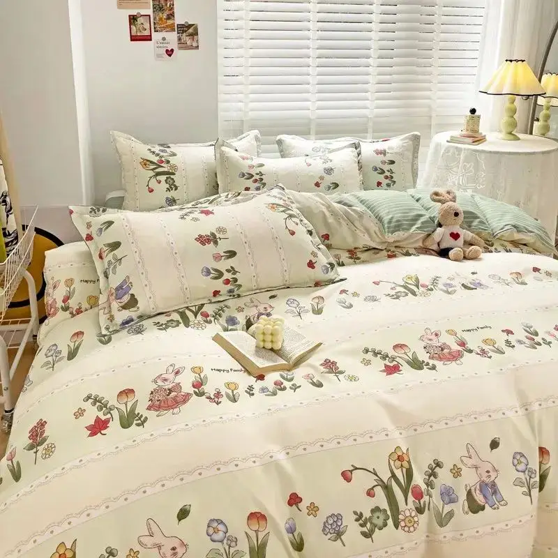 Printed Linen Quality Flax Home Linen Bed Sheet Beautiful Colorful Satin Polyester Hotel Bedding Set For Girls