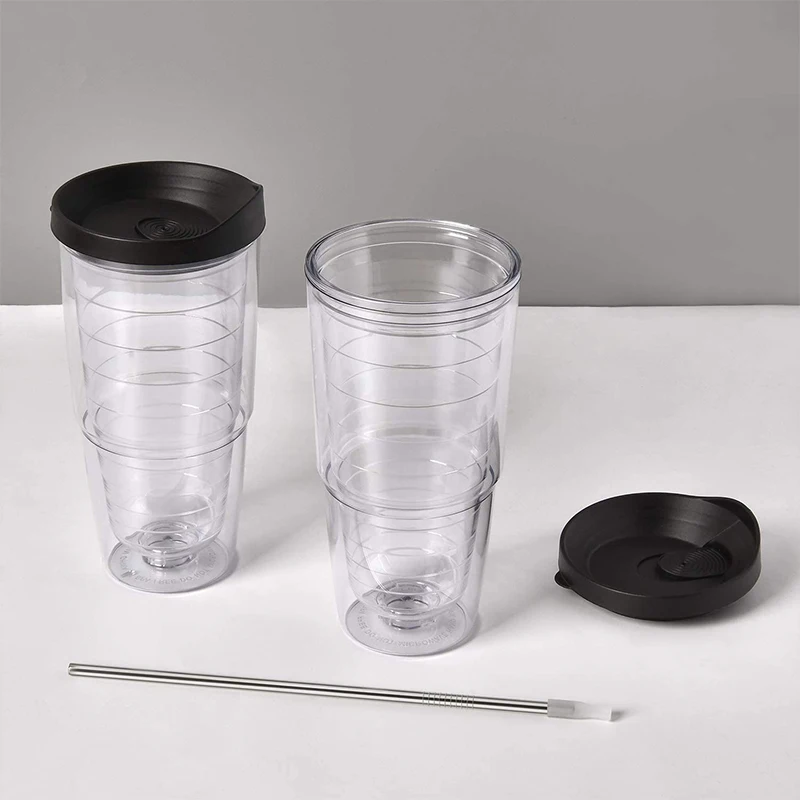 Прозрачные изолированные тумбы 24 унции, пластиковые стаканы с двойной стенкой и черной крышкой, большая емкость для горячих и холодных напитков