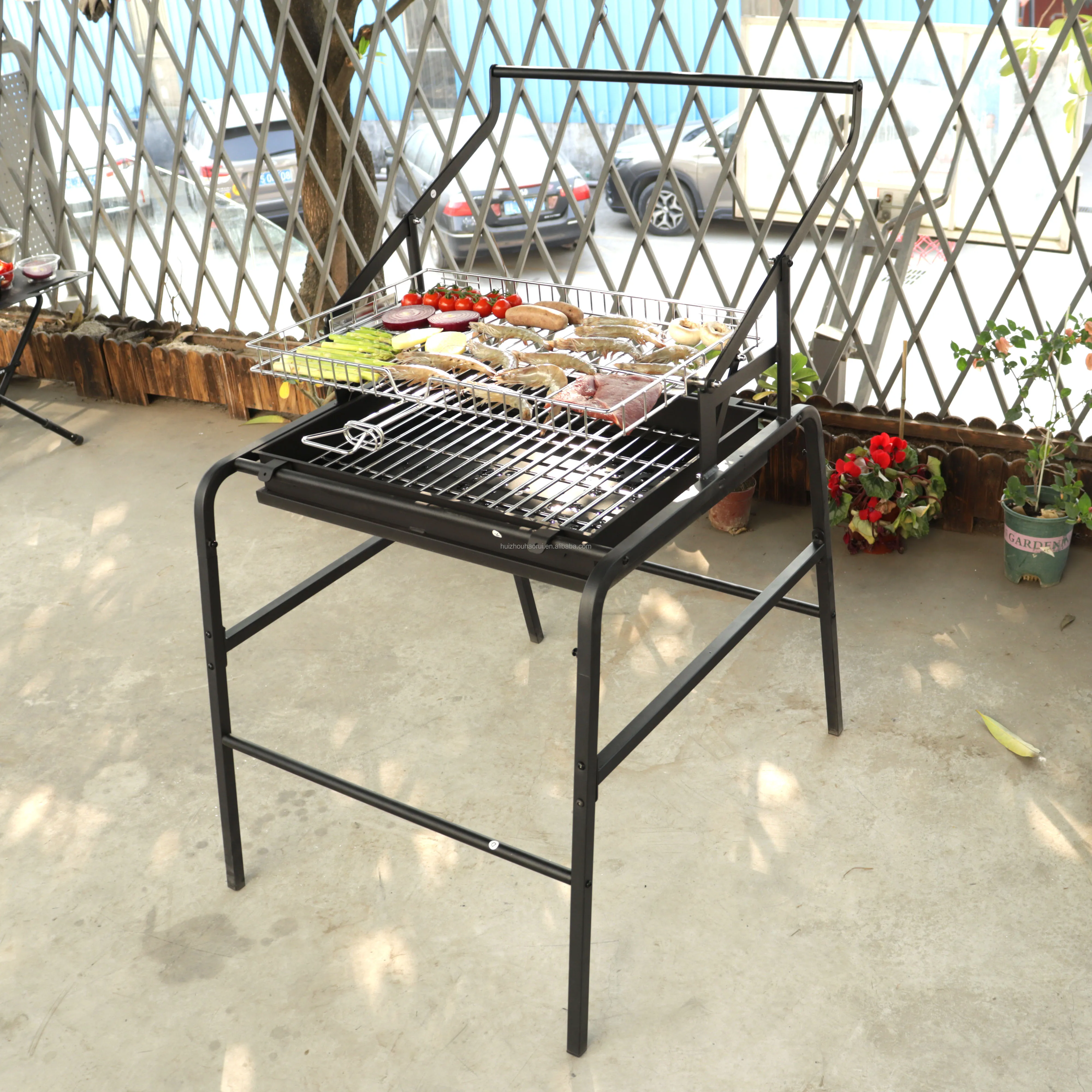 Black Carbon Steel Powder Coated BBQ Basket Grilling Net Flip Charcoal BBQ Grills